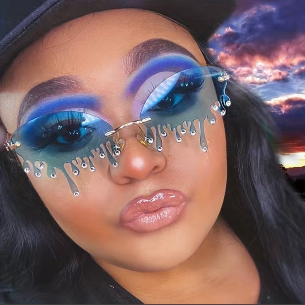 Teardrop Flame Sunglasses For UNISEX Rhinestone Decor Rimless Glasses UV400